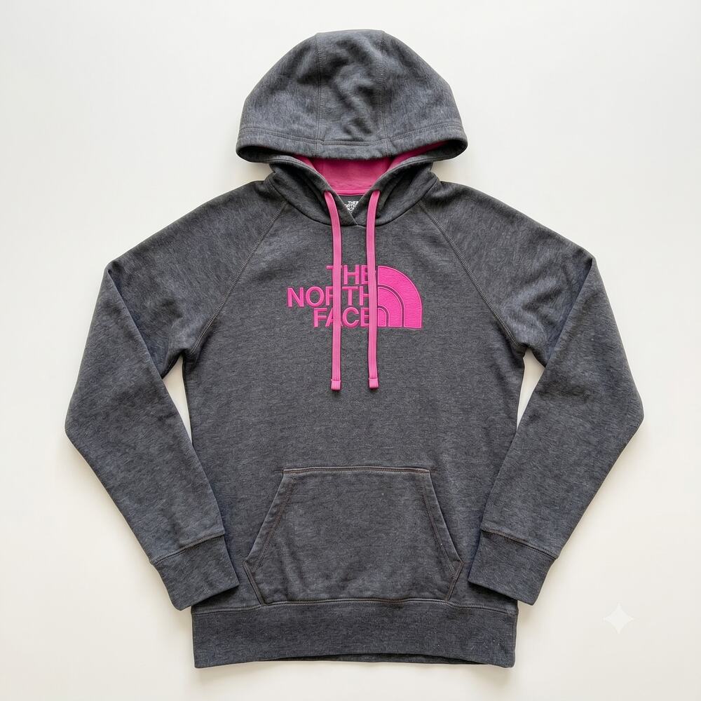 The North FacePullover Logo Hoodie Sweatshirt Gray Kangaroo Pocket Womens Medium